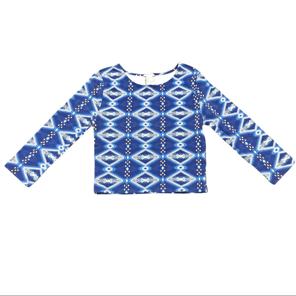 Forever 21 cropped top blue top diamond shaped pattern crop top S 3/4 sleeves